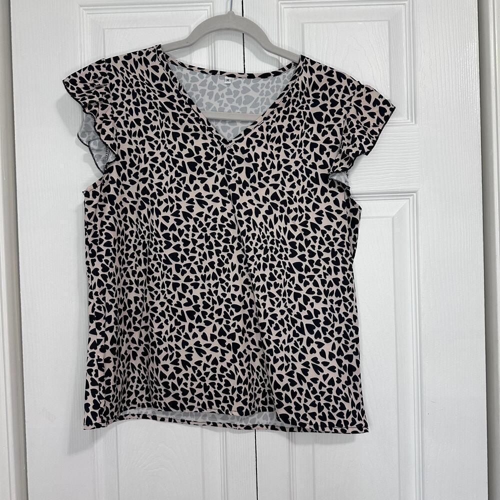 SHEIN Clasi Allover Heart Print Butterfly Sleeve Blouse Size M